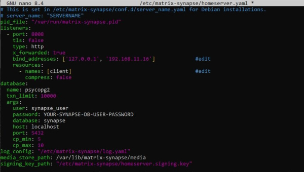 Изменение блока database в homeserver.yaml Изменение блока database в homeserver.yaml
