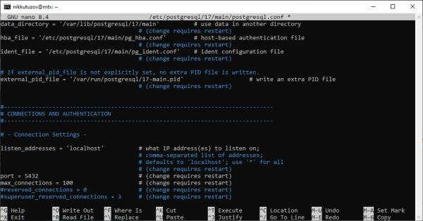 Раскомментируем listen_addresses = 'localhost' Раскомментируем listen_addresses = 'localhost'